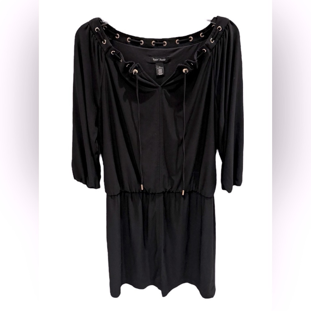 WHITE HOUSE BLACK MARKET 3/4 Sleeve Stretch Mini Dress Grommets Black Large
